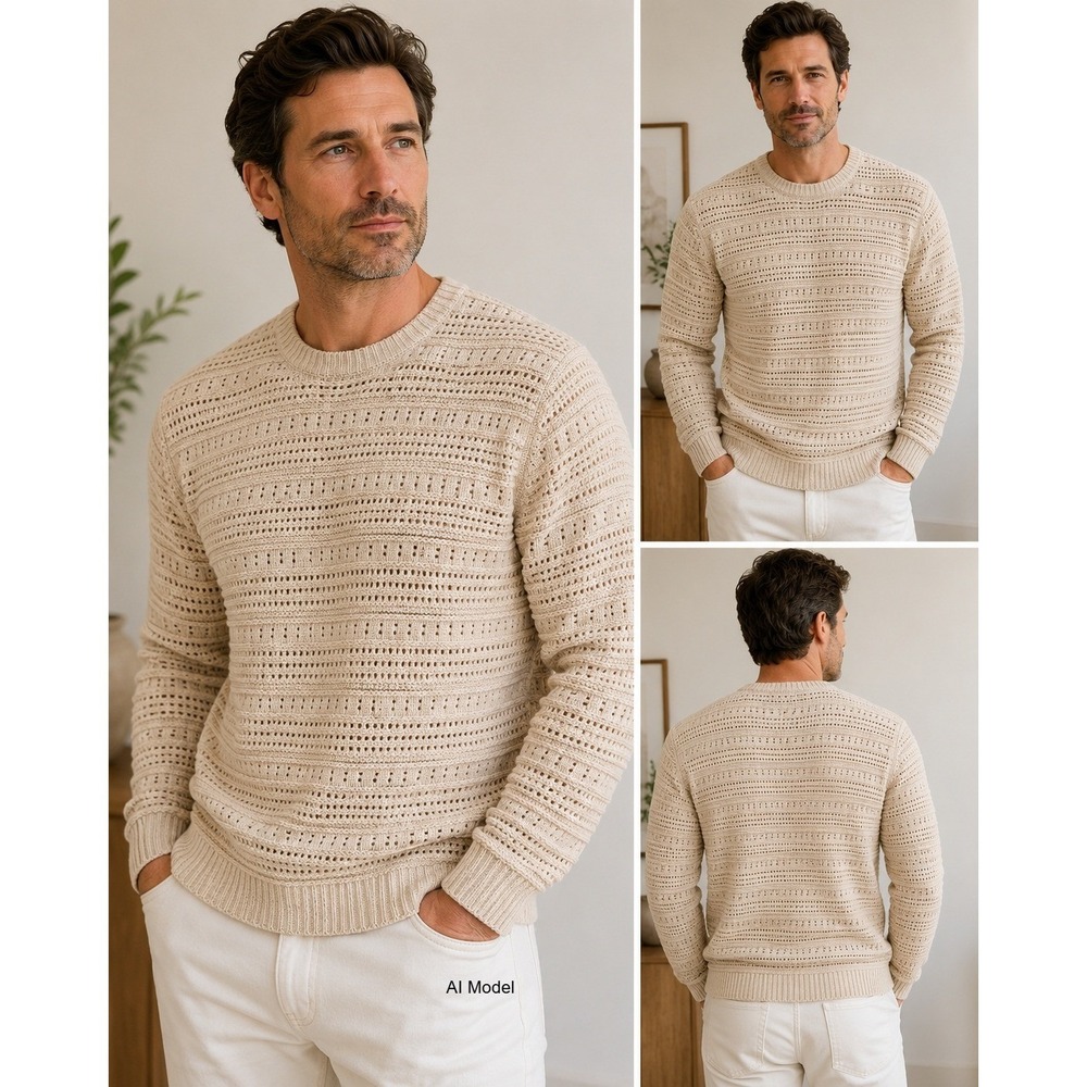 Bugatchi Made in Italy Mens XL Sand Beige Cotton Open‎ Knit Crewneck Sweater